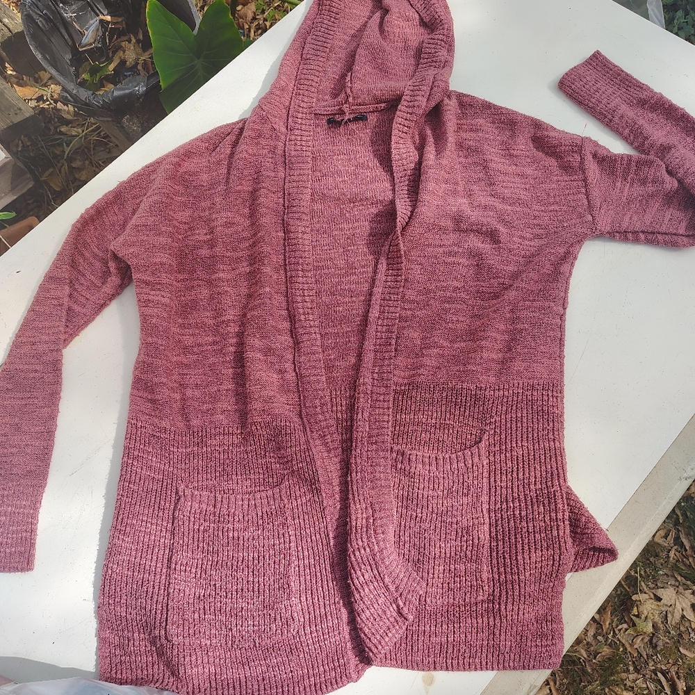 American Eagle Sweater Womens SP Dark Pink Open Front Pockets Hooded Beach Boho